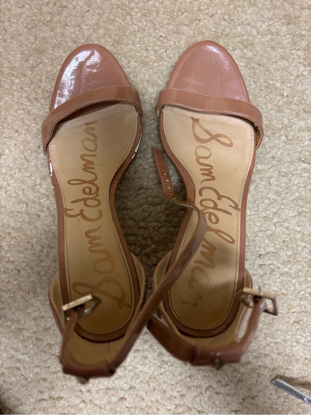 Sam Edelman Tan Patent Leather Ankle-Strap Block Heels